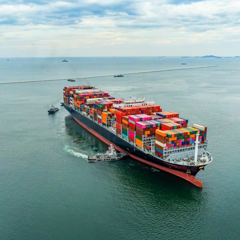 Transport maritime Porte-conteneurs coloré naviguant sur une mer calme, entouré de navires.